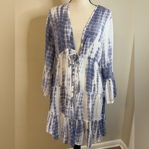 Blue Island boho blue white tie dyed tiered swim coverup SZ LG